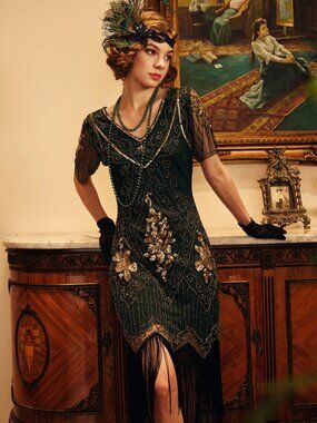 BABEYOND Emerald Green Gold Beaded Fringe Flapper Dress | Gatsby Party | Small